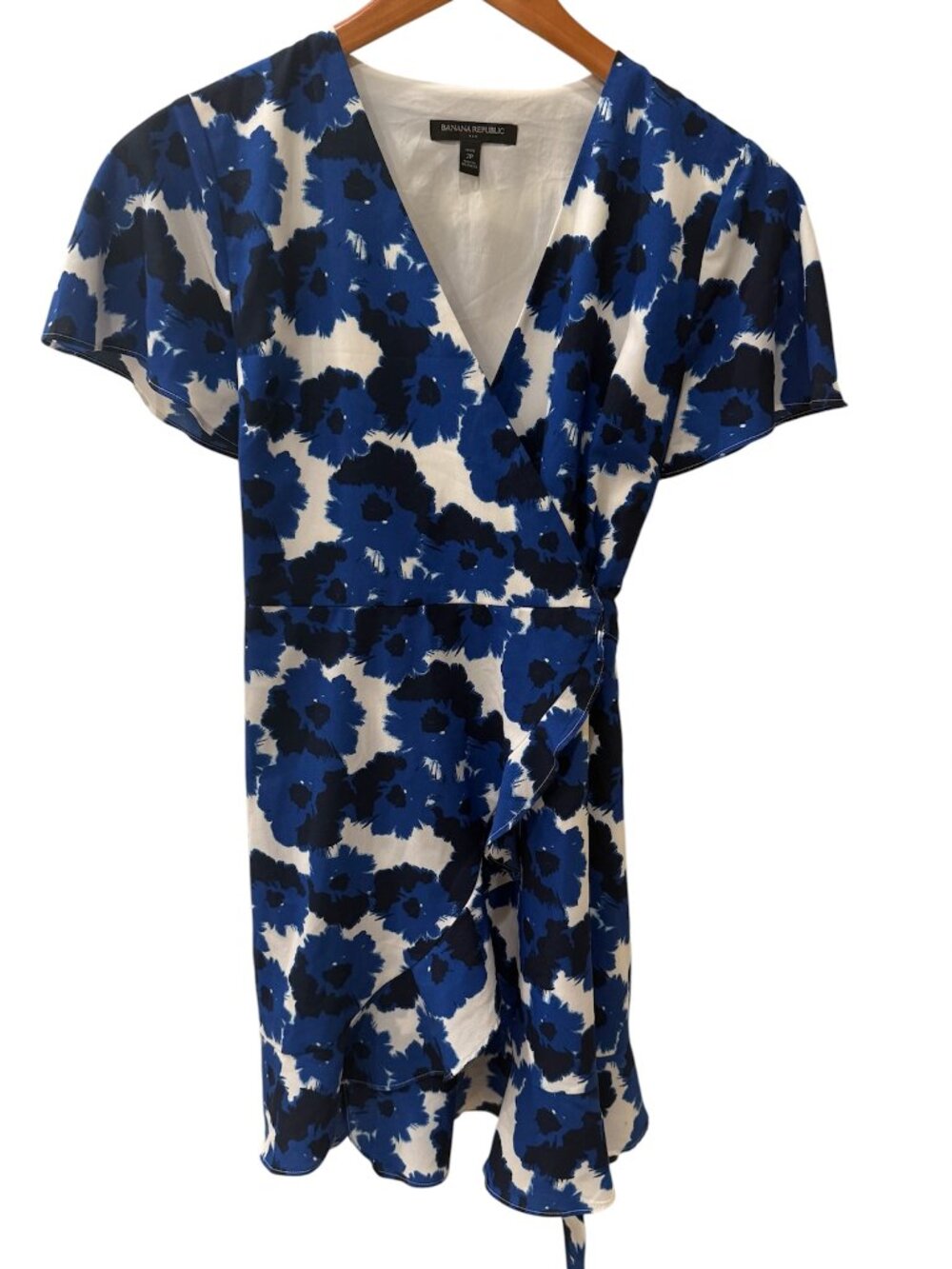 Banana Republic Petite Blue Floral Wrap Dress With Side Tie and Ruffle Hem